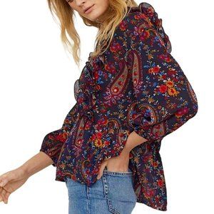 New H&M Paisley Floral Print Ruffle Trim Peplum Blouse Navy Multi Size 2
